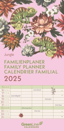 GreenLine - Jungle 2025 Familienplaner, 22x45cm, Familienkalender mit effizienter Monatsaufteilung in 5 Spalten, für Familienorganisation, Schulferien und Stundenpläne, mit Spiralbindung