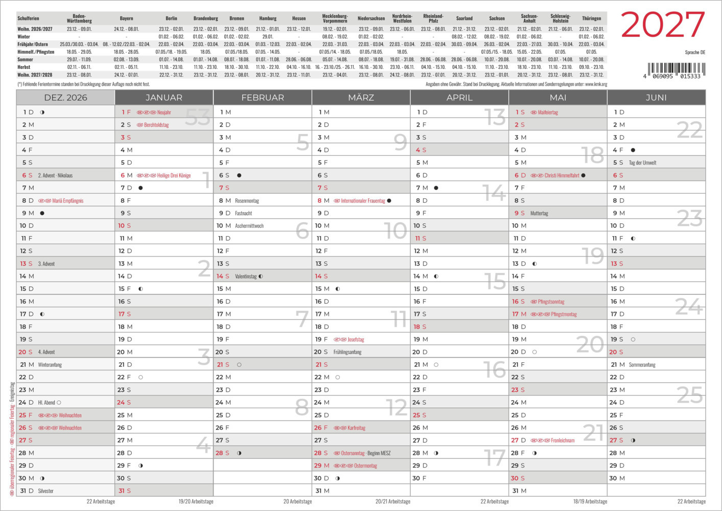 Tafelkalender A4 beidseitig 2027